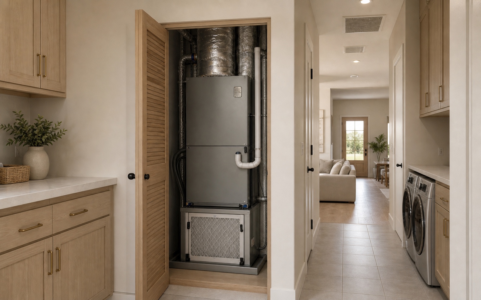 Whole-home air handling and filtration equipment integrated beside an Oak Lane laundry corridor