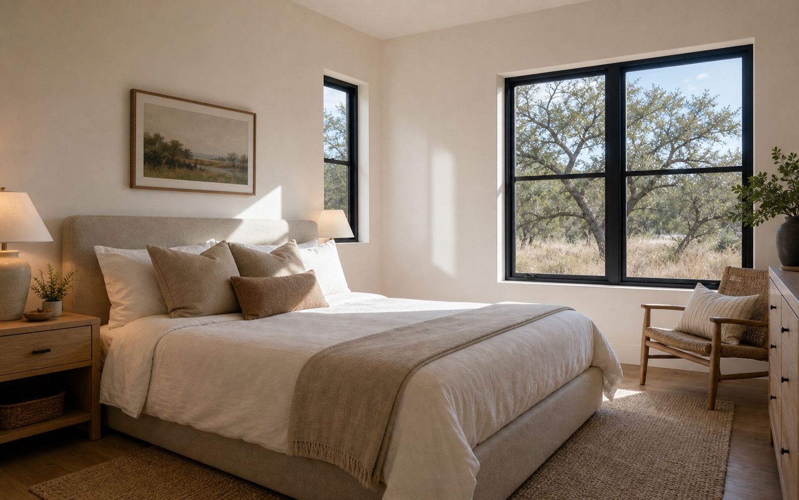 Oak Lane bedroom filled with controlled natural light from black-framed windows