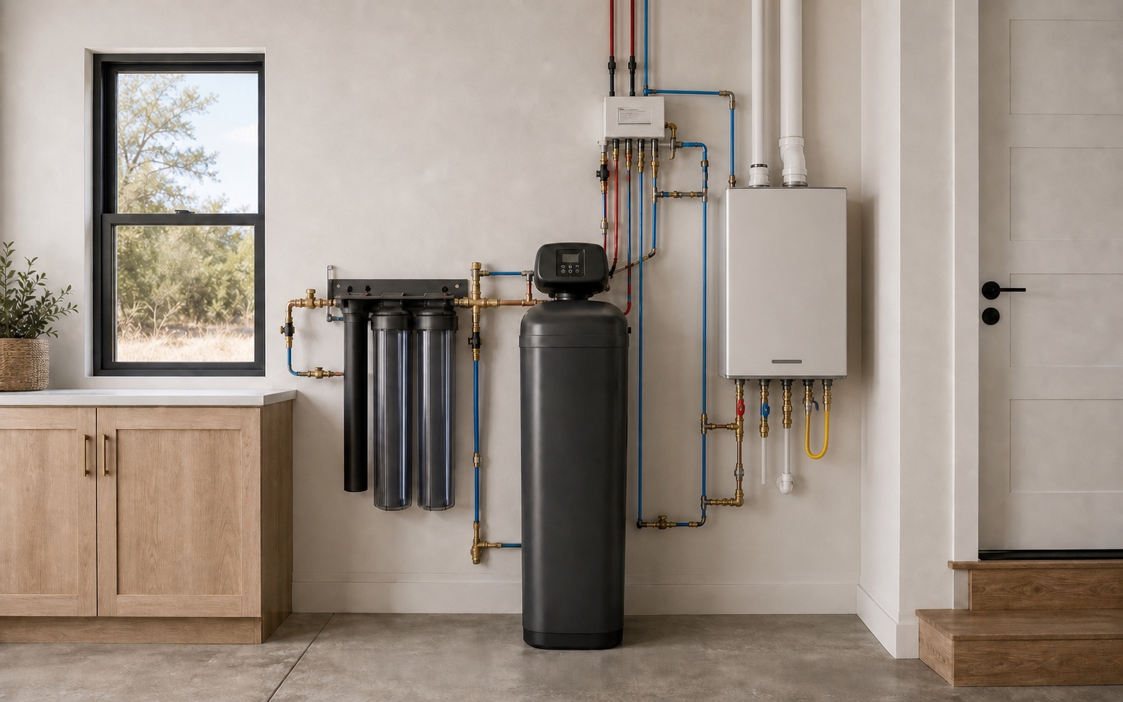Whole-home water filtration and treatment equipment integrated into an Oak Lane utility room