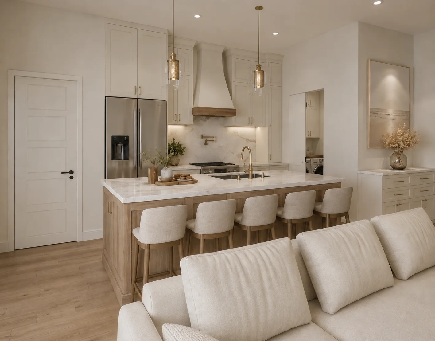 Interior rendering of the Oak Lane kitchen with a natural wood island and warm white cabinetry