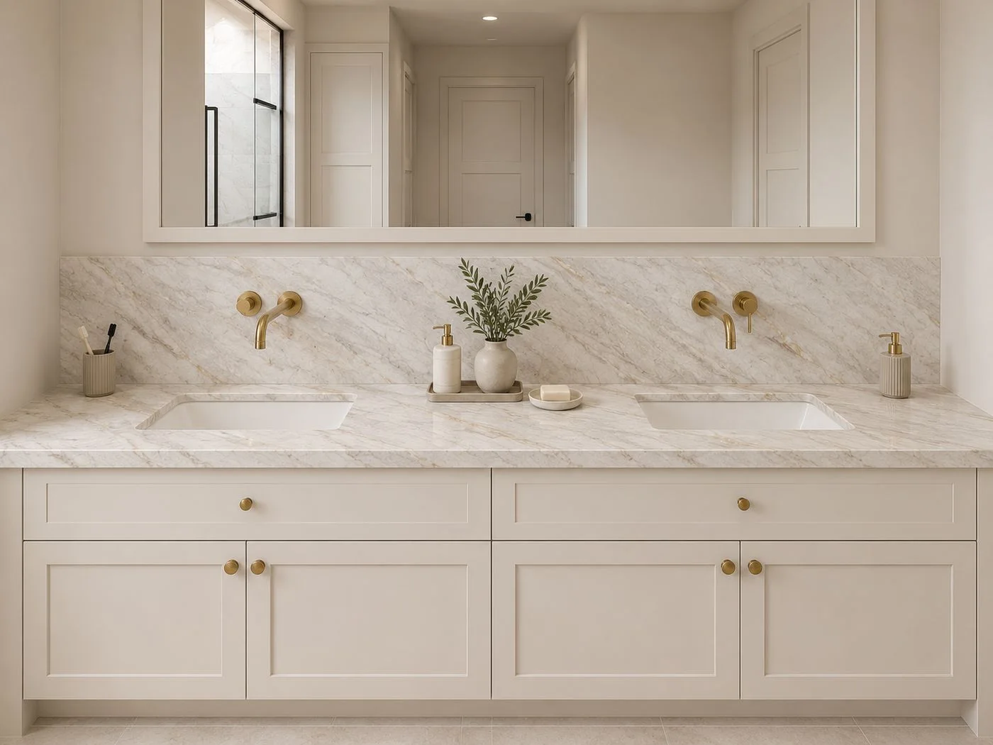 Interior rendering of the Oak Lane double vanity with marble and brass details